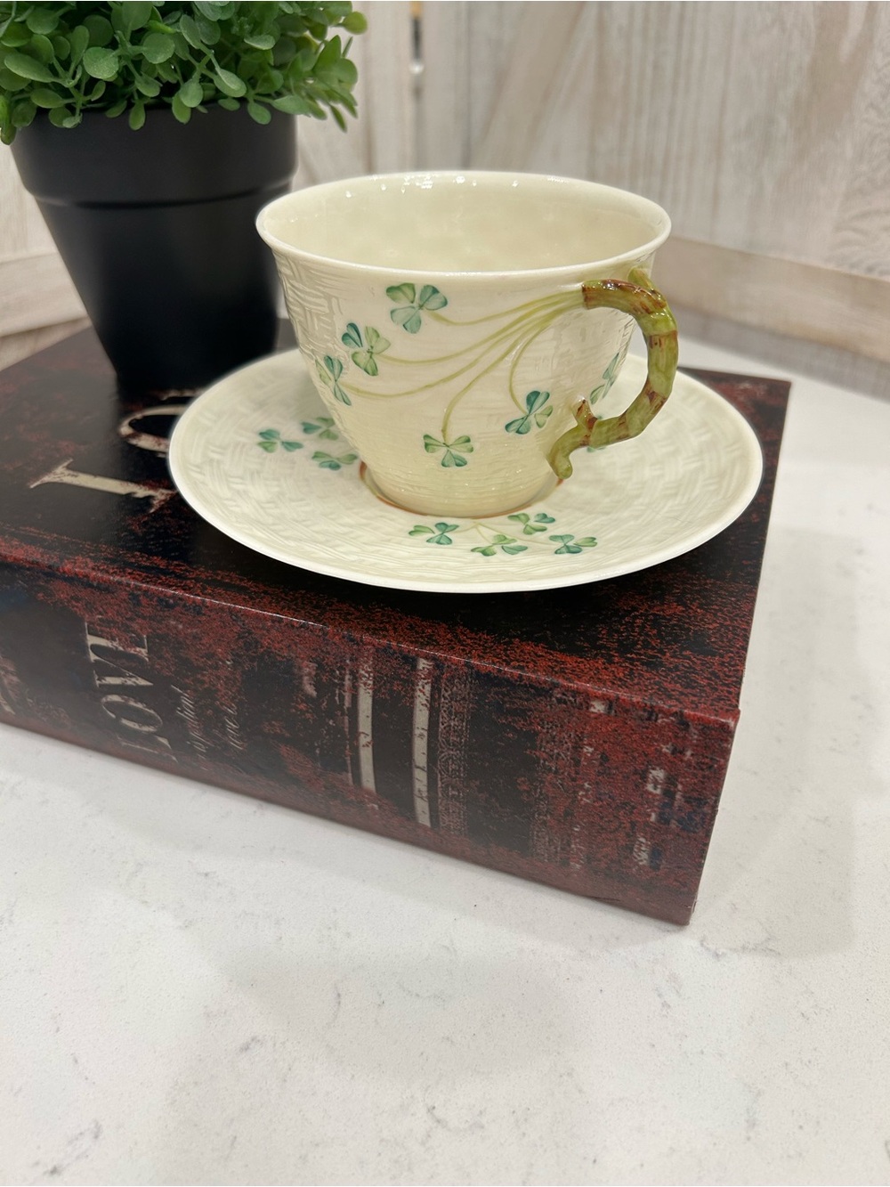 Belleek Shamrock Tea Cup and Saucer Green Marked Porcelain Stamp on Ivory Base